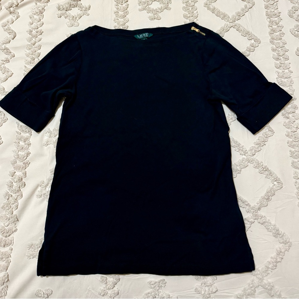 Lauren Ralph Lauren Black Boatneck Top with Gold Zipper